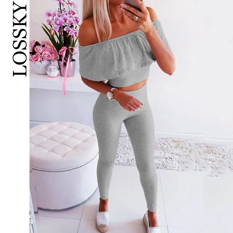 

Women's Summer Sexy 2 Piece Set Ruffles Crop Top And Bodycon Pants Slash Neck Crop Blouse Female Slim High Waist Long Pants Suit
