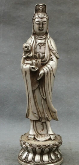 

JP S0608 10" Chinese Silver Folk Buddhism Kwan-Yin Guan Yin Goddess Child Kid Boy Statue (B0413)