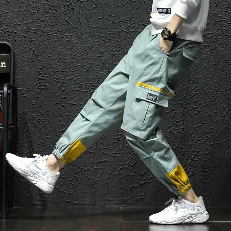 

Outdoor 2019 sping autumn elastic waist hip hop cotton patchwork multi pocket teenagers trekking hiking pants men