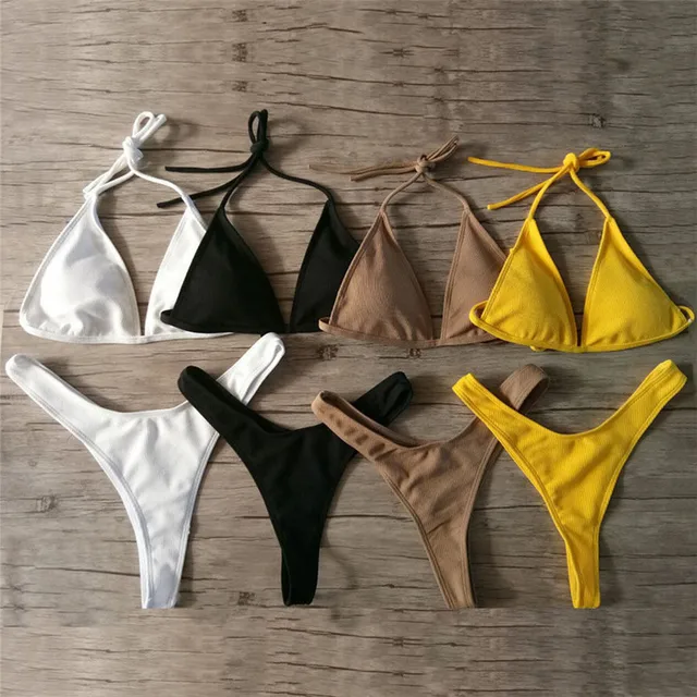 Best Price YICN Brazilian Girls Swimming Suits Bikini Set 2018 Small Cup+ High Cut Style Beach Biquini Solid Micro Swim Suits Thong Bikinis