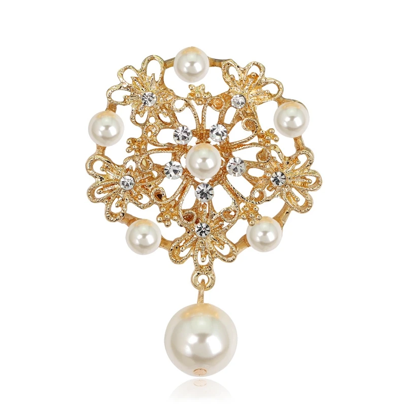 

New Fashion Clear Shiny Rhinestone Crystal Silver & Gold Hollow Out Flower Imitation Pearl Brooch Pins for Wedding Jewelry