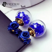 2016 New Fashion Zircon Crystal Flower Blue Earring For Piercing Double Sided Glass Ball Stud Earring Women Jewelry Multicolors
