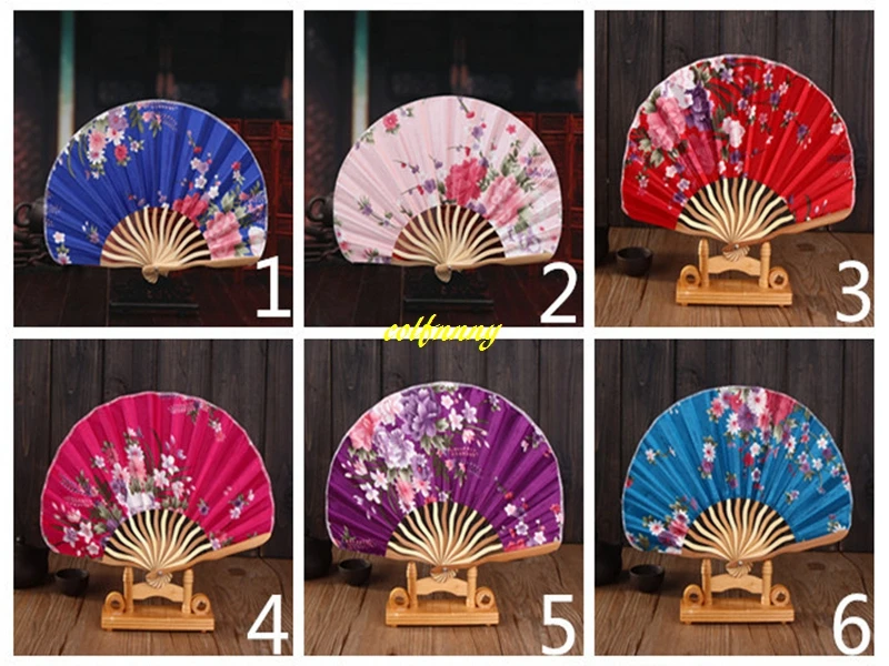 100pcs/lot Chinese Silk Folding fan Hand Curved blade Fans Wedding