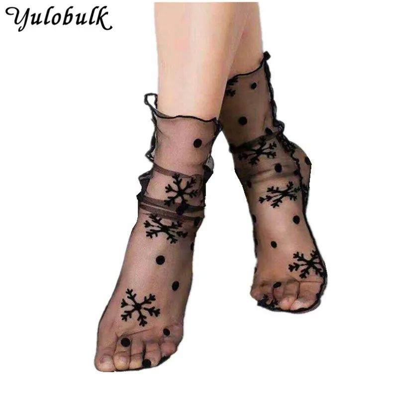 

New Hot Harajuku Women Socks Summer Sexy Black Transparent Socks Mesh Net Woman Socks Chaussette Femme Dot Star Snow