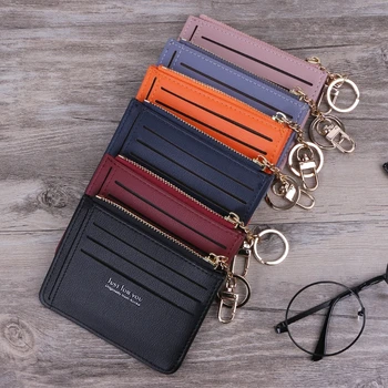 

Slim Card Case Holder Front Pocket Wallet Change Purse Keychain for Women Girls