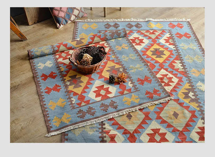 Discount Kilim 100% wool handmade Carpet geometric Indian Rug plaid striped Modern contemporary tapestry mat design Bohemian Nordic style 2