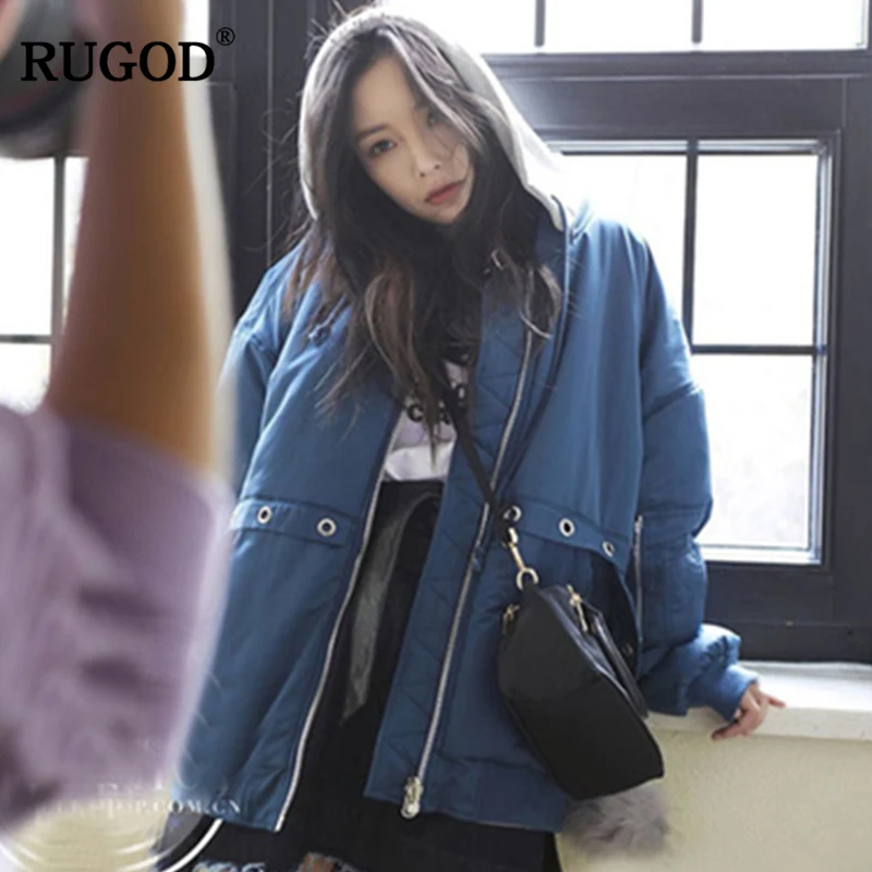 Rugod Veste D'hiver Bleu Tops Courte Longues Outwear À 2018 Bomber Automne Manches Hiver Manteau Capuchon Vestes Patchwork Nouveau Épais Femmes Parka I11r7wx