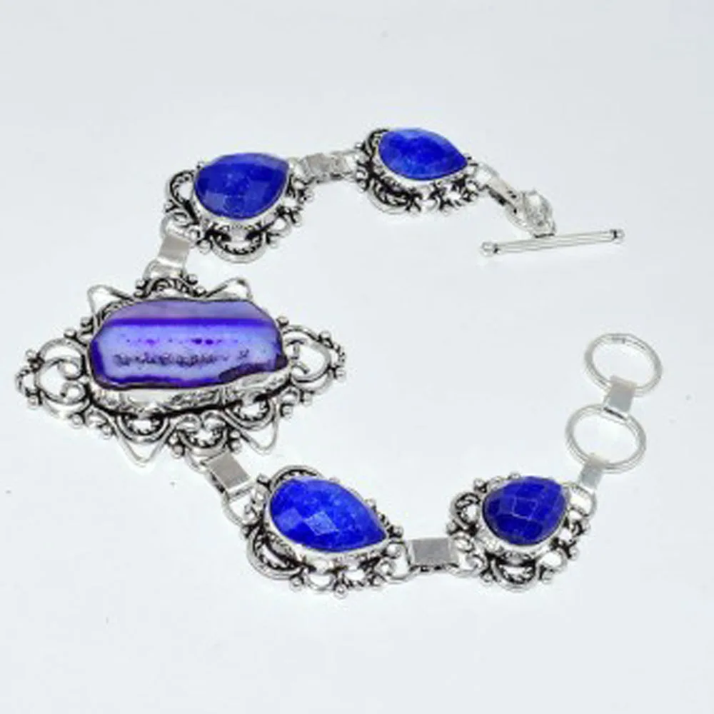 

Sapphires & Solar Quarts Bracelet Silver Overlay over Copper, 21cm , B2914