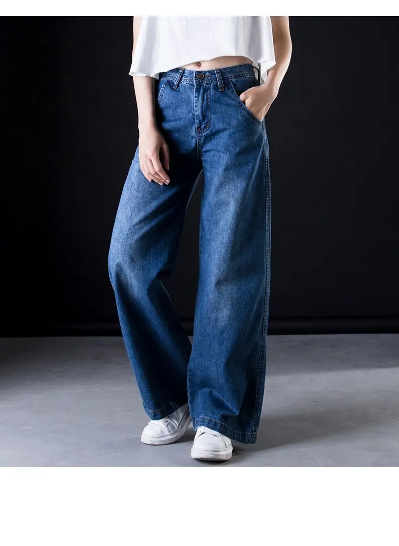 Плюс размер широкие ноги джинсы Женщины случайный звонок Низ Джинсы Высокая талия полная длина брюки бойфренд мешковатые расклешенные джинсы C549