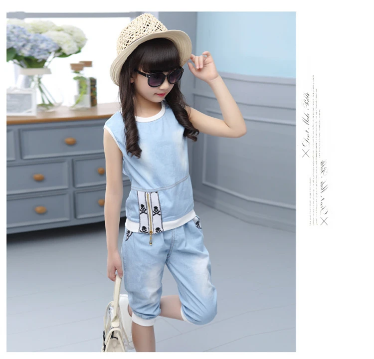 New Summer Girls Clothing Set Sleeveless Shirt Shorts Children Clothes Sets For Girls Teenager Sports Suits Denim Kids Tracksuit (3)