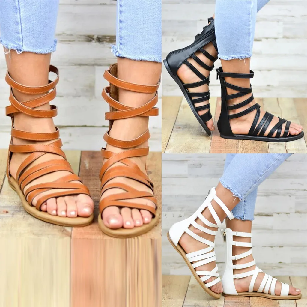 

Women Gladiator Sandals Open Toe Flat Heels Beach Shoes Black Leather Rome Style Gothic Shoes Woman Summer Sapatos femininos