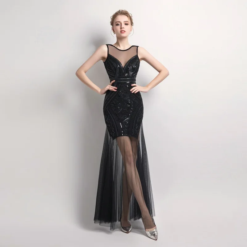 Popodion Evening Dress Sexy Perspective Backless Party Dress Sleeveless ...