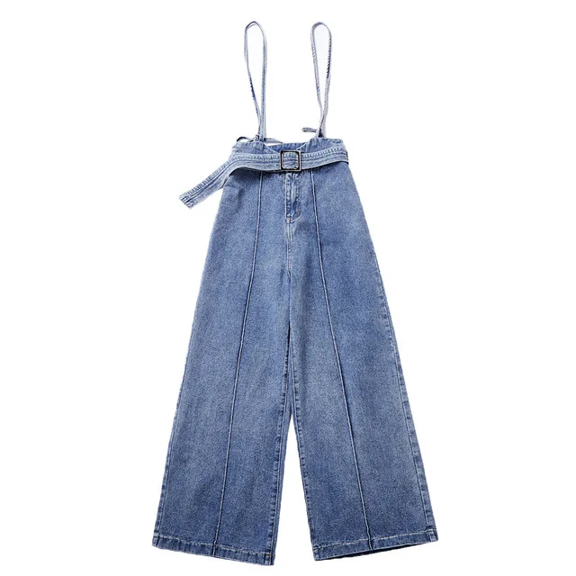 European and American women's high waist bib women's denim loose suspenders straight wide leg trousers European and American women's high waist bib women's denim loose suspenders straight wide leg trousers