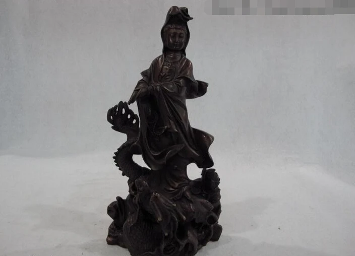 

150624 S2009 Chinese Pure Copper Bronze GuanYin Kwan-Yin Bodhisattva Sit on Dragon Statue