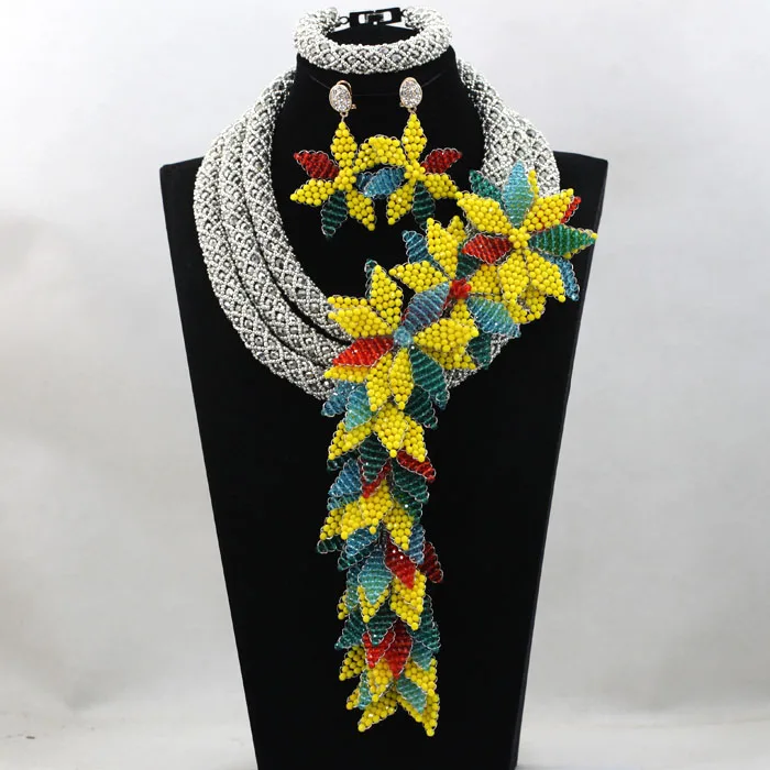 

Chunky African Party Beads Necklace Nigerian Wedding Costume Fancy Jewelry Full Set Flower Necklace Bridal Free Shipping ALJ776