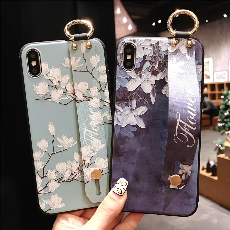 

3D Relief Magnolia Flowers Phone Case for Samsung Galaxy A10 A30 A50 A70 A20 A40 A60 M20 Back Cover Wrist Strap Kickstand Capa