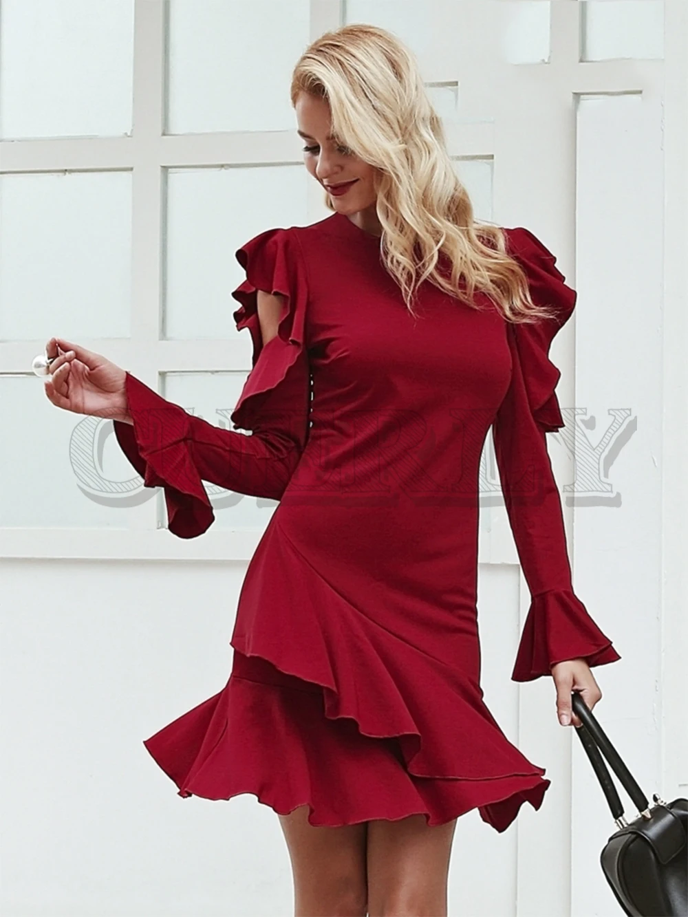 

CUERLY O neck ruffles women dress Long sleeve bodycon red sexy dress 2019 Autumn short casual mini dresses female