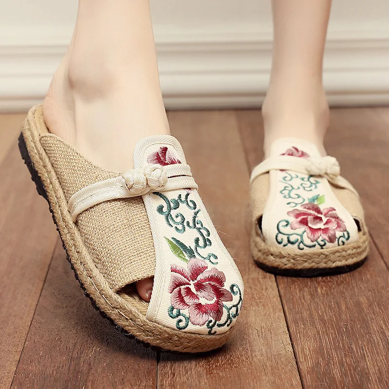 

2019 Summer Slippers Women Flax Sandals With Platform Embrodiery Floral Chinese Style Flat Shoes Female Fashion Slides SH021601