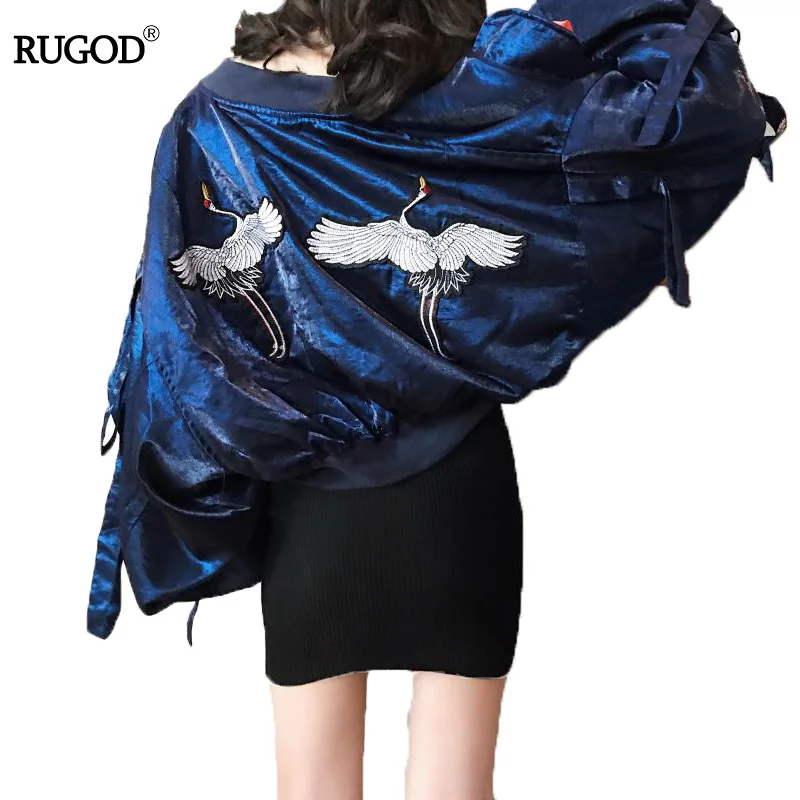 

Rugod New Crane Embroidery Velvet Jacket Coat Women 2018 Autumn Winter Streetwear Jacket Female Casual Baseball Bomber Jackets