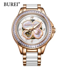 BUREI Watch Women Special Flower Pattern Lady Hours Waterproof Ceramic Band Sapphire Automatic Mechanical Wristwatches Hot Sale