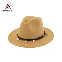 QIUBOSS, унисекс, 12 цветов, Классическая джазовая черная лента, украшенная жемчугом, шерсть, фетровая шляпа, женская панама, мягкая фетровая шляпа в джазовом стиле, Шляпа Дерби