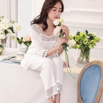 

White Cotton Pajamas for Women Hallow Out Lace Square Collar Crepe Gauze Pajama Set Women Sleepwear Princess Home Clothes