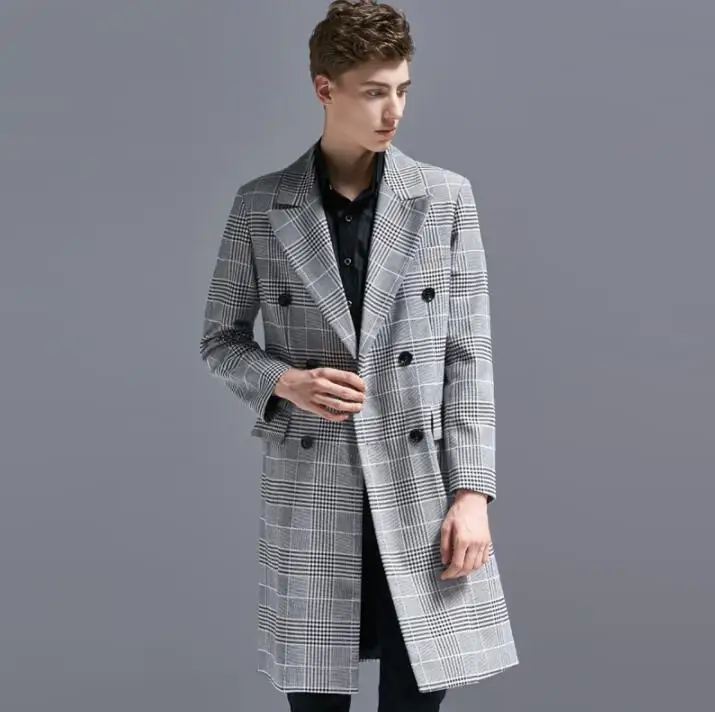 

2019 spring autumn casual mens trench coats man suits long coat men Double-breasted plaid clothes overcoat long sleeve plus size