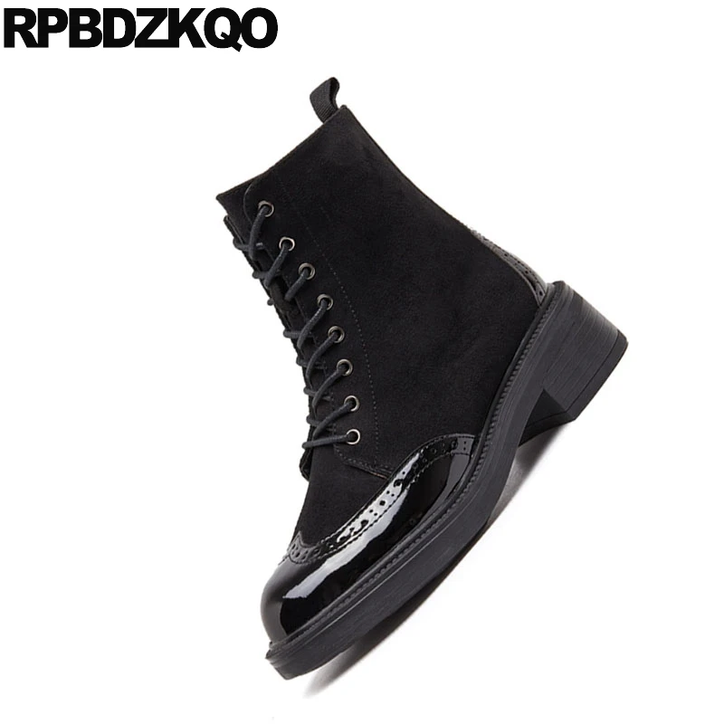 Vintage Hiver Rond Verni Bottes Casual Automne Militaire Lacent Noir Combat Cuir Chunky Richelieu En Bout Avant Chaussures Cheville Femmes g4qrwUBAg