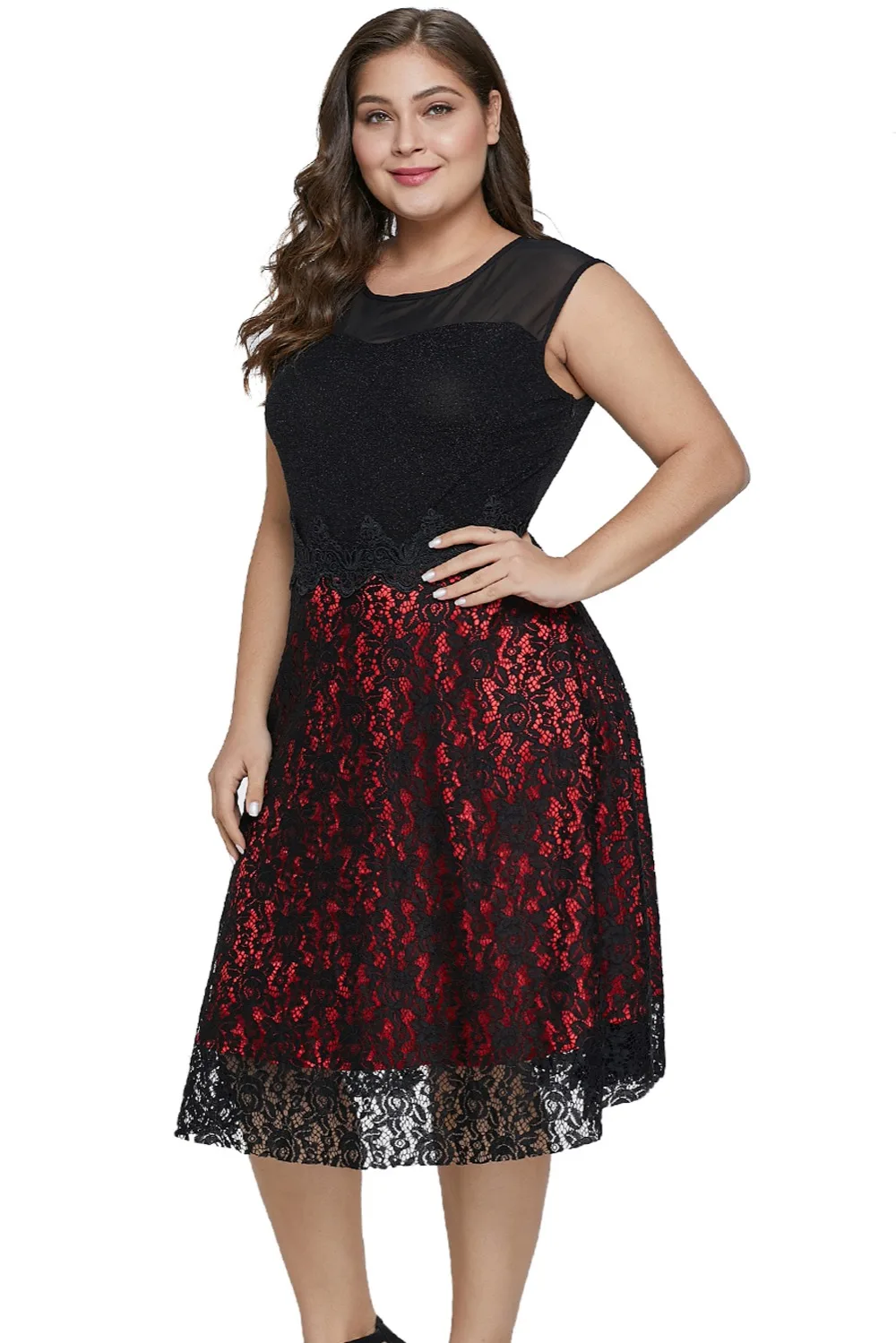 Red-Sleeveless-Flared-Lace-Plus-Size-Dress-LC220522-3-4