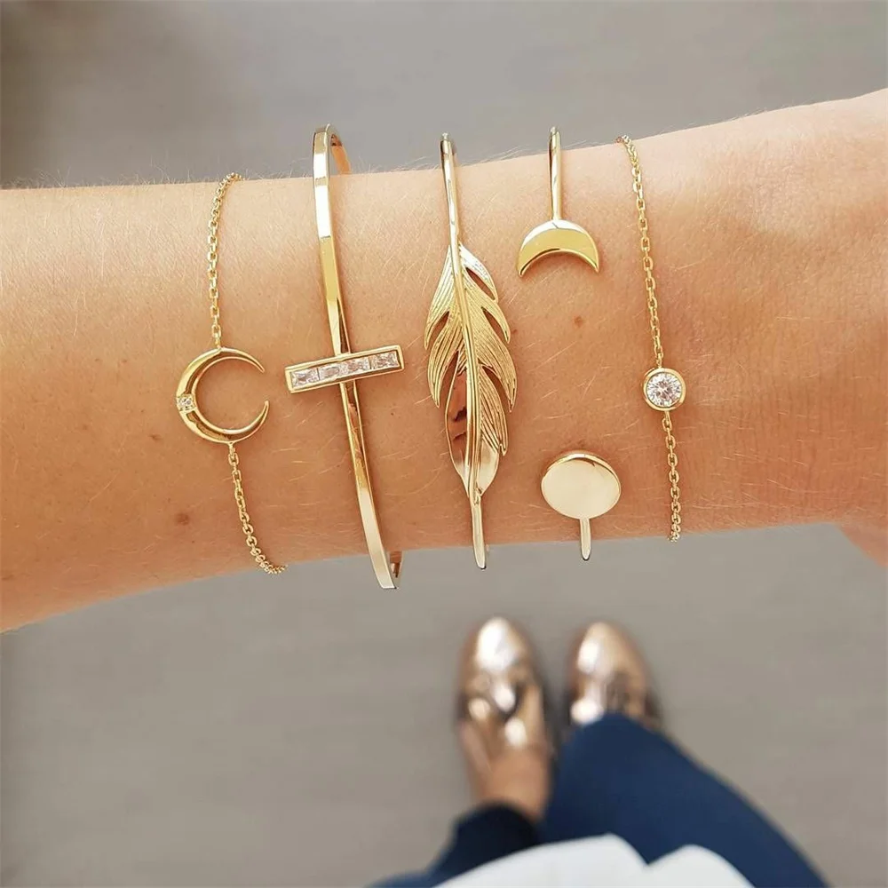 

Vienkim 5Pcs/Set Fashion Punk Gold Chain Moon Leaf Crystal Geometry Open Bracelet Set Women Charm Beach Jewelry Wholesale