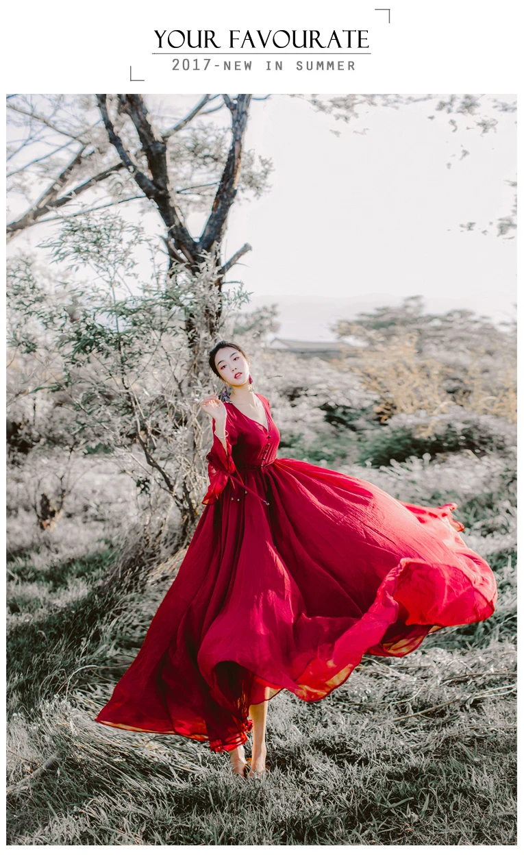 Новинка, весеннее шифоновое Красное длинное платье с v-образным вырезом, пуговицами и расклешенными рукавами, тонкое богемное макси платье, vestidos mujer Robe Femme