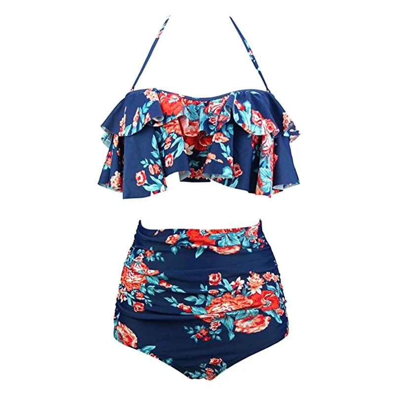 

Sexy Women High Waist Swimsuit Halter Bikinis Set Swimwear Ruffle Bandeau Bottom Bathing Suit FH99
