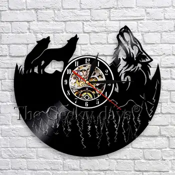 

Howling Wolf Vinyl Record Wall Clock Watch Forest Wild Animal 3D Time Clock Unique Wall Art Decor For Bedroom Kitchen
