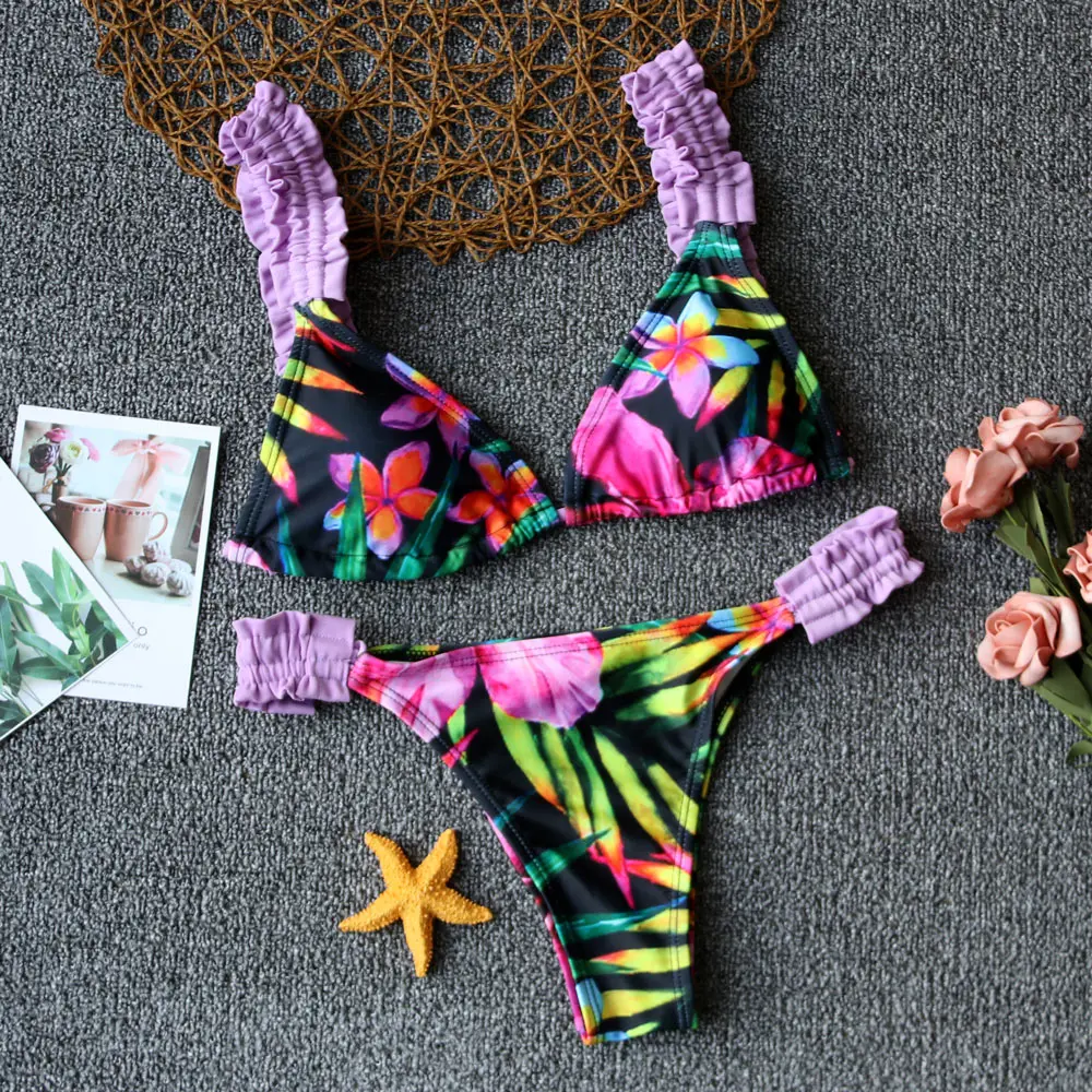 2019 Hot Retro Sexy Women Swimsuit Ruffled Micro Bikini Set Bathing Suits With Halter Strap Swimwear Brazilian bottom Biquinis
