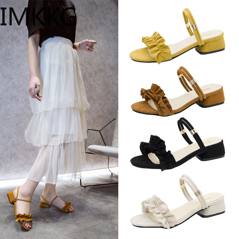 

2019 summer square heels women shoes woman open toe pleated fashion slides yellow woman sandals zapatos de mujer A00218