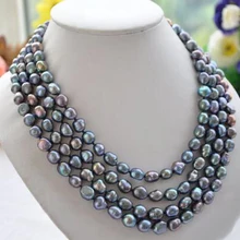 Изысканные ювелирные изделия 4 ряда натуральный черный барокко пресноводный жемчуг ожерелье