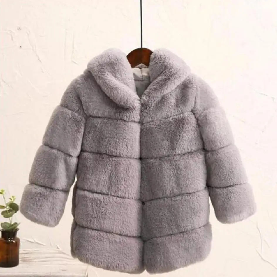 2-8 year Children's Faux Fur Coat Imitation Rex Rabbit Fur Girls Thicker kids Clothing Baby Winter warm Hooded Overcoat Y13 - Цвет: grey