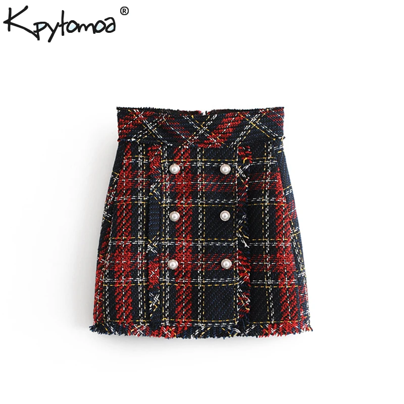 Billig Vintage Faux Perle Fringe Tweed Plaid Mini Rock Frauen 2019 Mode EINE Linie Zurück Zipper Quaste Damen Röcke Casual Faldas mujer