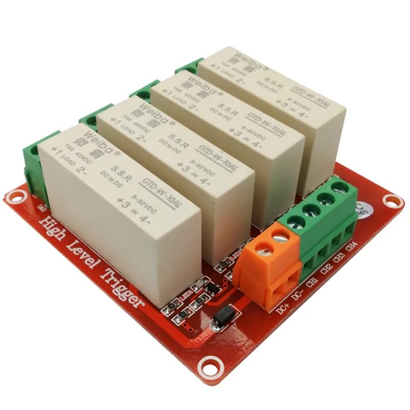 

4 channel high-level trigger solid-state relay module 10A high current control DC solid state relay 3-32VDC wide voltage