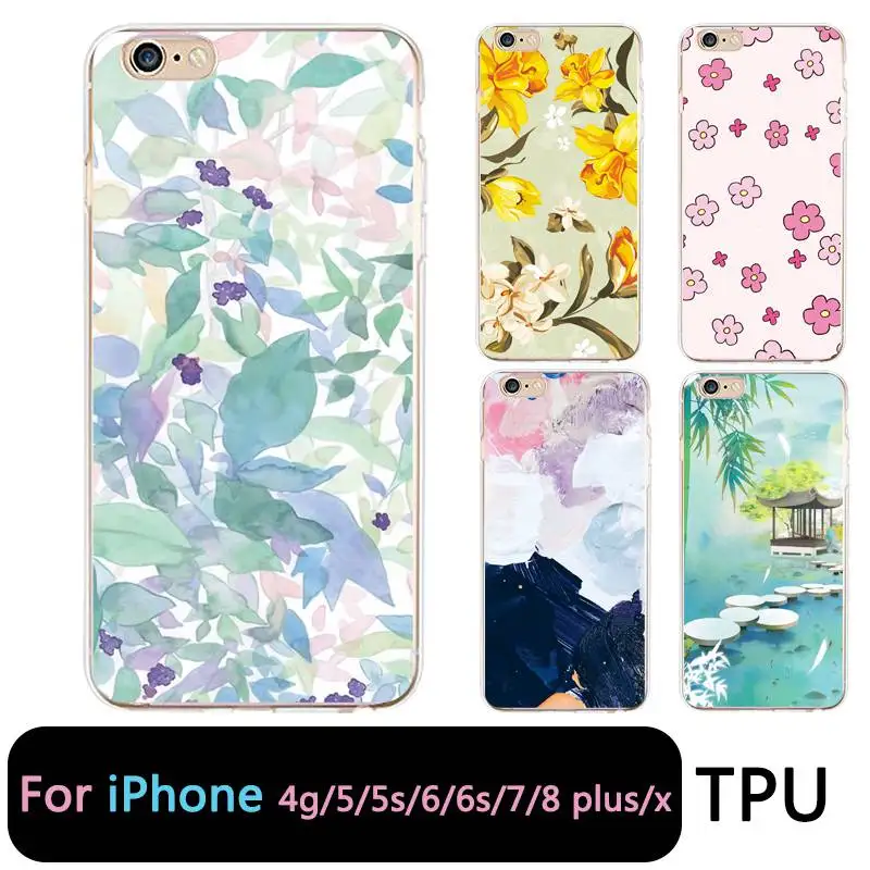 QMSWEI TPU Clear Phone Case For iPhone 6G 6s 7 8plus x Soft River Flora Flower Silicone Printed Cover 4 5se 6Plus 7P |