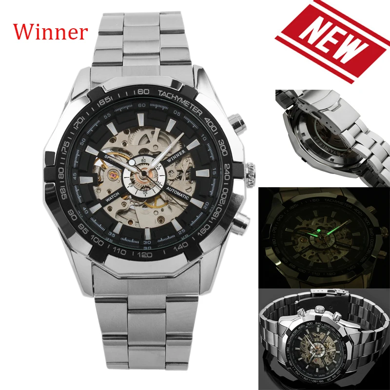 

100% Brand new Winner genuine full hollow men's automatic mechanical watch Automatic movement Stainless Steel Case 40mm Shipping