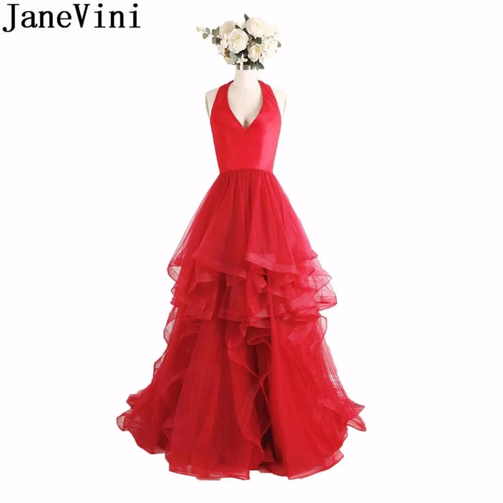 

JaneVini Bridesmaids Dresses for Women Sexy Halter Backless Long Women Wedding Party Dress Guest Tiered Tulle Red Prom Gown 2018
