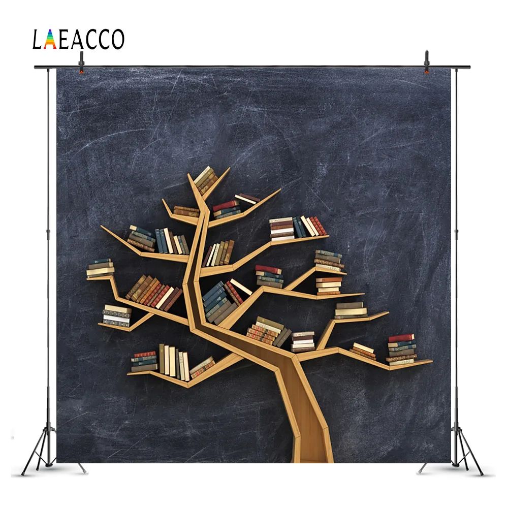 Laeacco Tree Shape Book Shelf Blackboard Wooden Floor Photography Backgrounds Customized Photographic Backdrops For Photo Studio