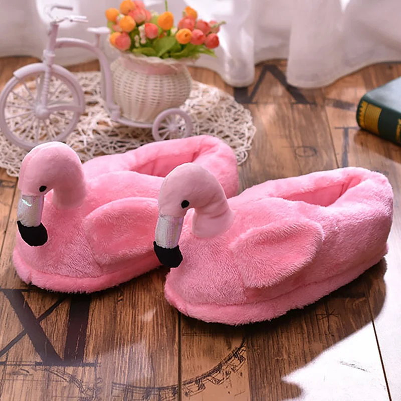 

Flamingo Cute Slippers Winter Shallow Warm Fur Slippers For Girls Short Plush Flock Pink Flat Shoes Women Indoor slippers