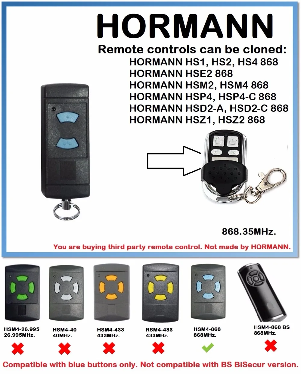 

HORMANN HSE2 868 Universal Remote Control Duplicator 868.35MHz