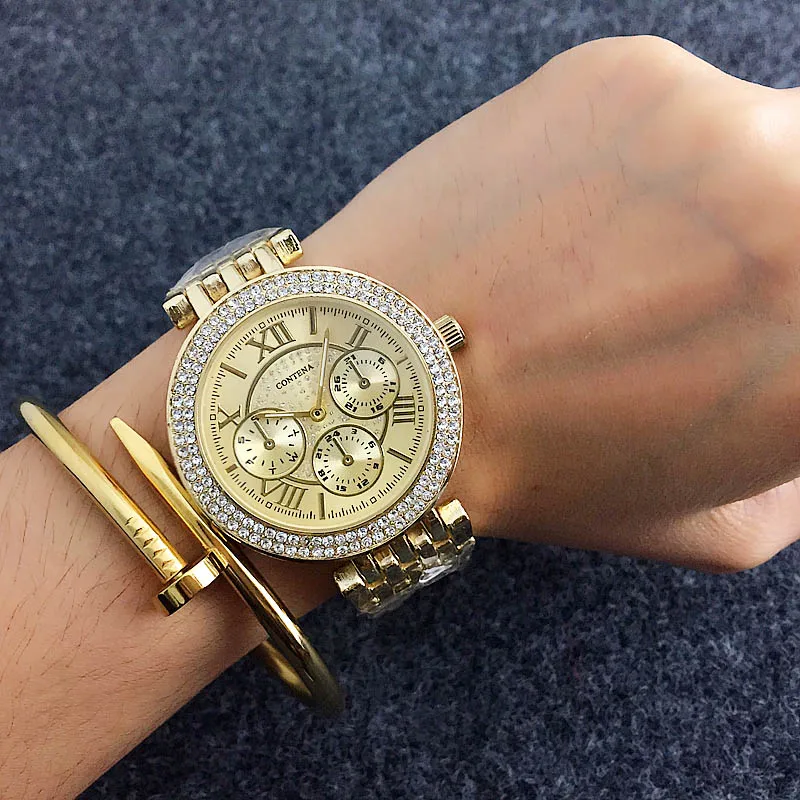 Relogio feminino CONTENA роскошные стразы женские часы модные золотые часы полностью стальные женские часы saat - Цвет: Золотой