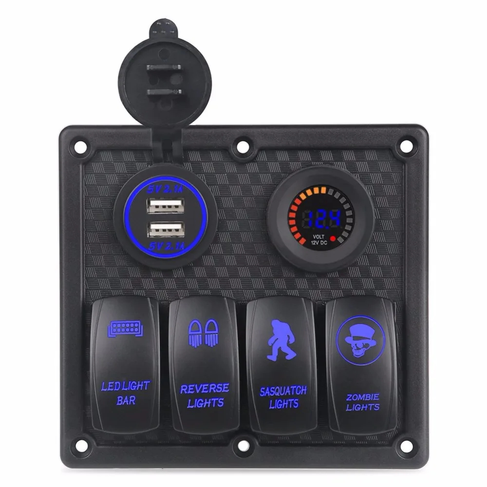 

6Gang Metal Board LED Rocker Blank Switch Panel with Circuit Breakers&Digital Voltmeter+12V Cigarette Socket & USB Power Charger