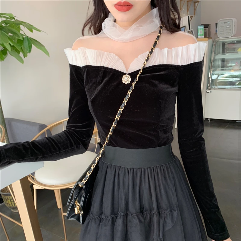 Skup OllyMurs 2019 nowych kobiet w stylu Vintage welur długa koszula Mesh łączone Slim bluzki damskie z długim rękawem kobiet aksamitne koszule bluzki