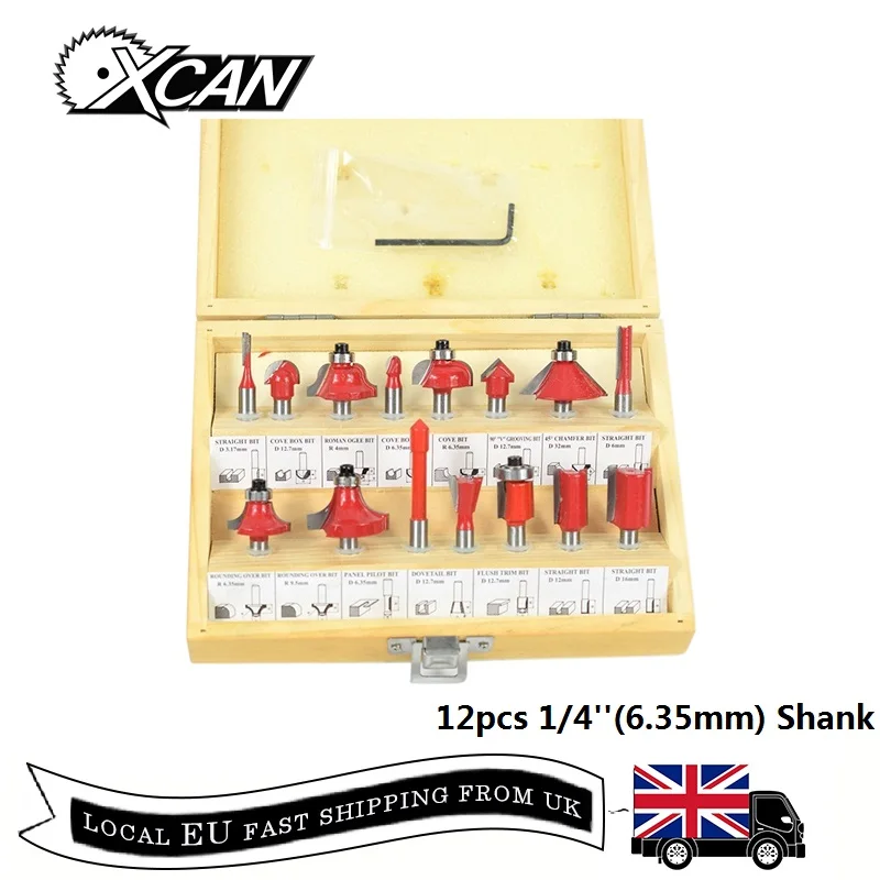 

XCAN 15pcs 1/4'' Shank Tungsten Carbide Router Bit Set for Wood Carving 6 Bearing Router Bit Milling Cutter Wood Cutter