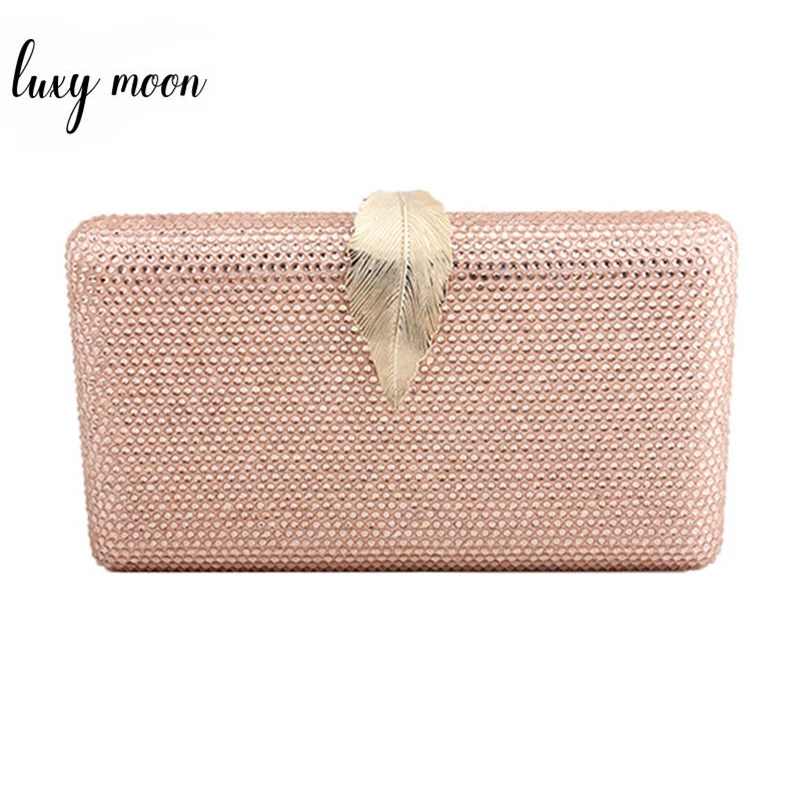 

High Quality Full Diamond Rhinestone Clutch Bag Female Clutches Purse Gold Color Metal Leaf Lock Wedding Bag Chain Handbag
